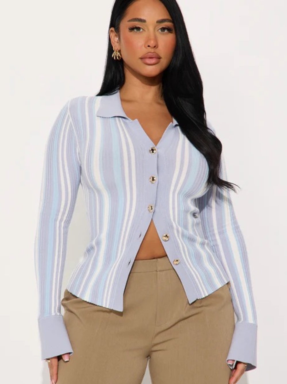 Fashion Nova Pastel Blue & White Striped Button-Down Top